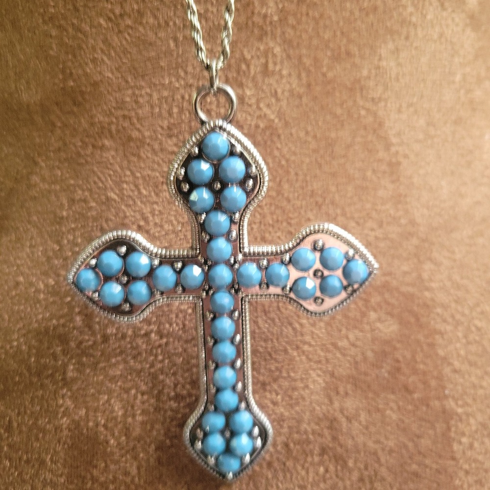 Silver Turquoise Beaded Cross Pendant Long 36 Inch Chain Necklace Western